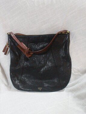 Fossil Black Hobo Shoulder Bag Brown Strap Zip Top0224